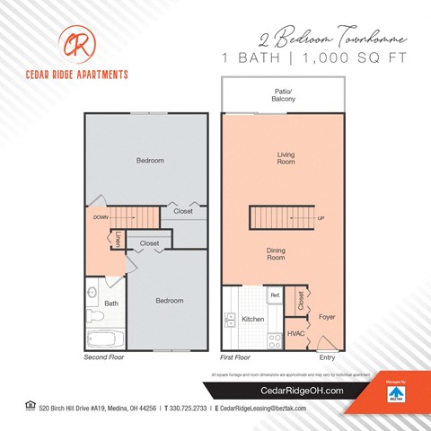 Floor plan for 2 beds, 1 bath, 1000 sqft